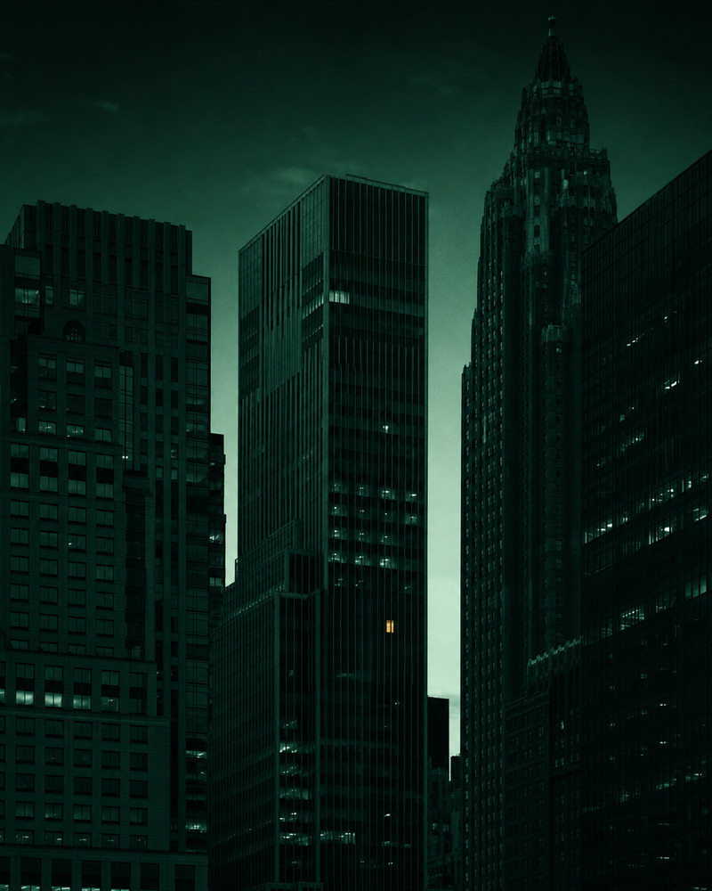 Duotone deep-green and black financial-district skyline at dusk in a vertical editorial crop