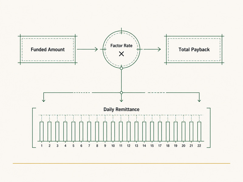 Schematic line-drawing of factor-rate mechanics on a warm surface, deep green and warm taupe lines in blueprint register