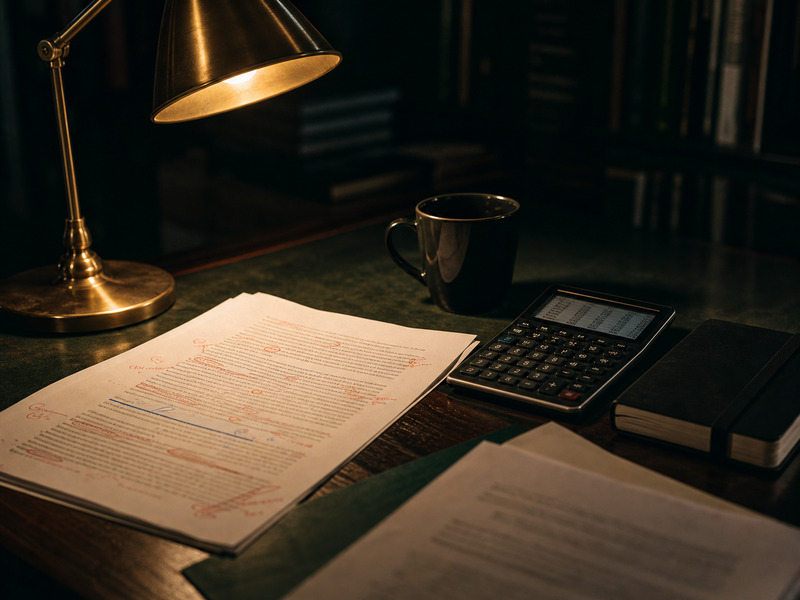 Late-evening editorial desk with a marked-up draft, calculator, two open contracts, and a single warm task lamp in deep-green and gold tonal range